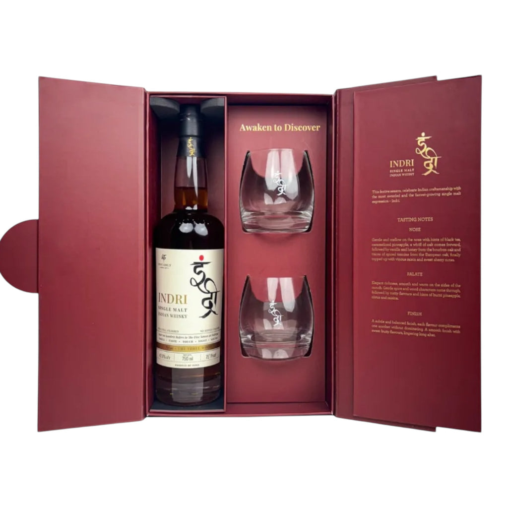 Indri Trini Single Malt Indian Whisky Gift Pack With Glasses