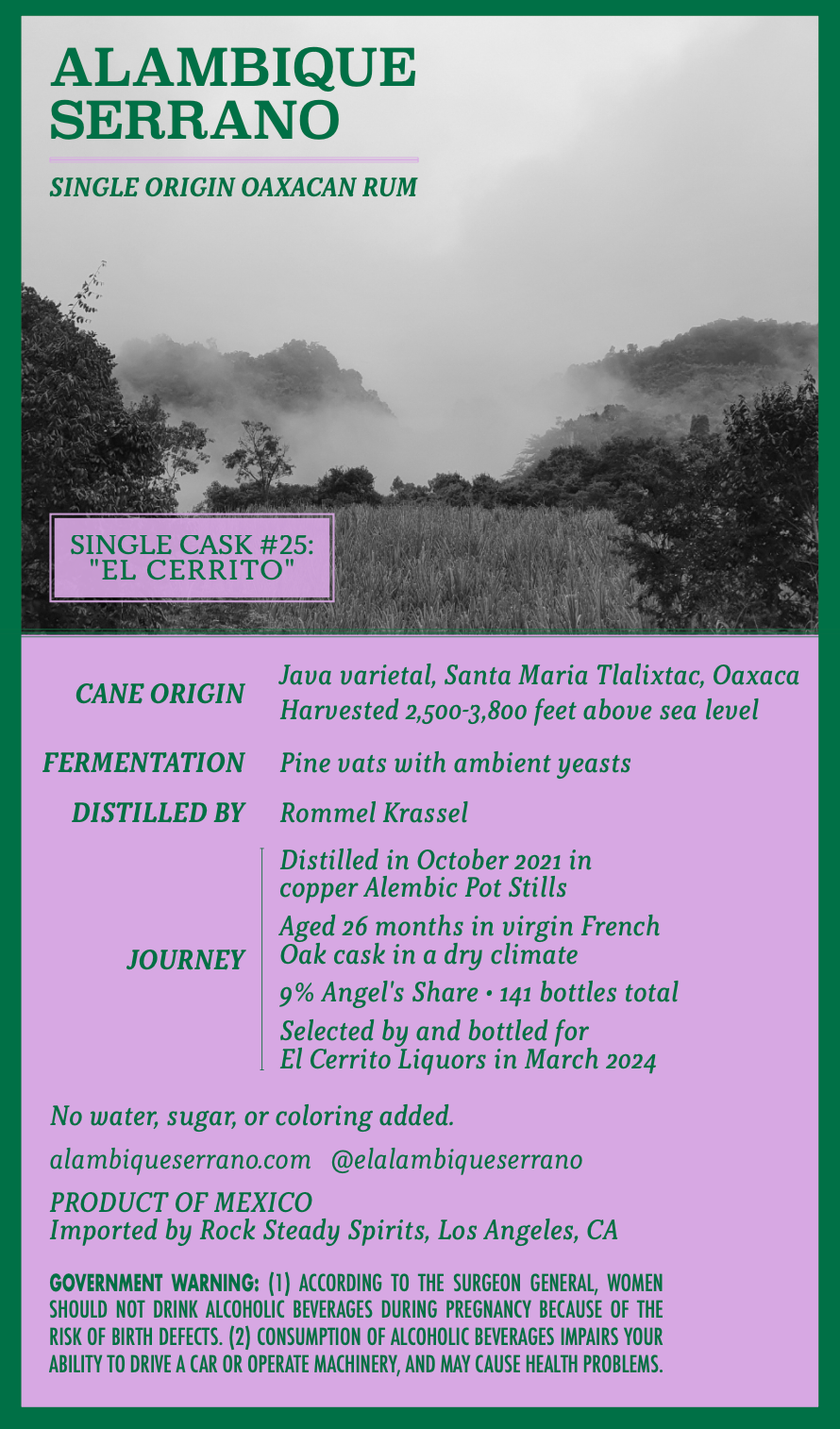 Alambique Serrano Single Cask 25 Single Origin El Cerrito Liquor Store Pick Oaxacan Rum 750ml