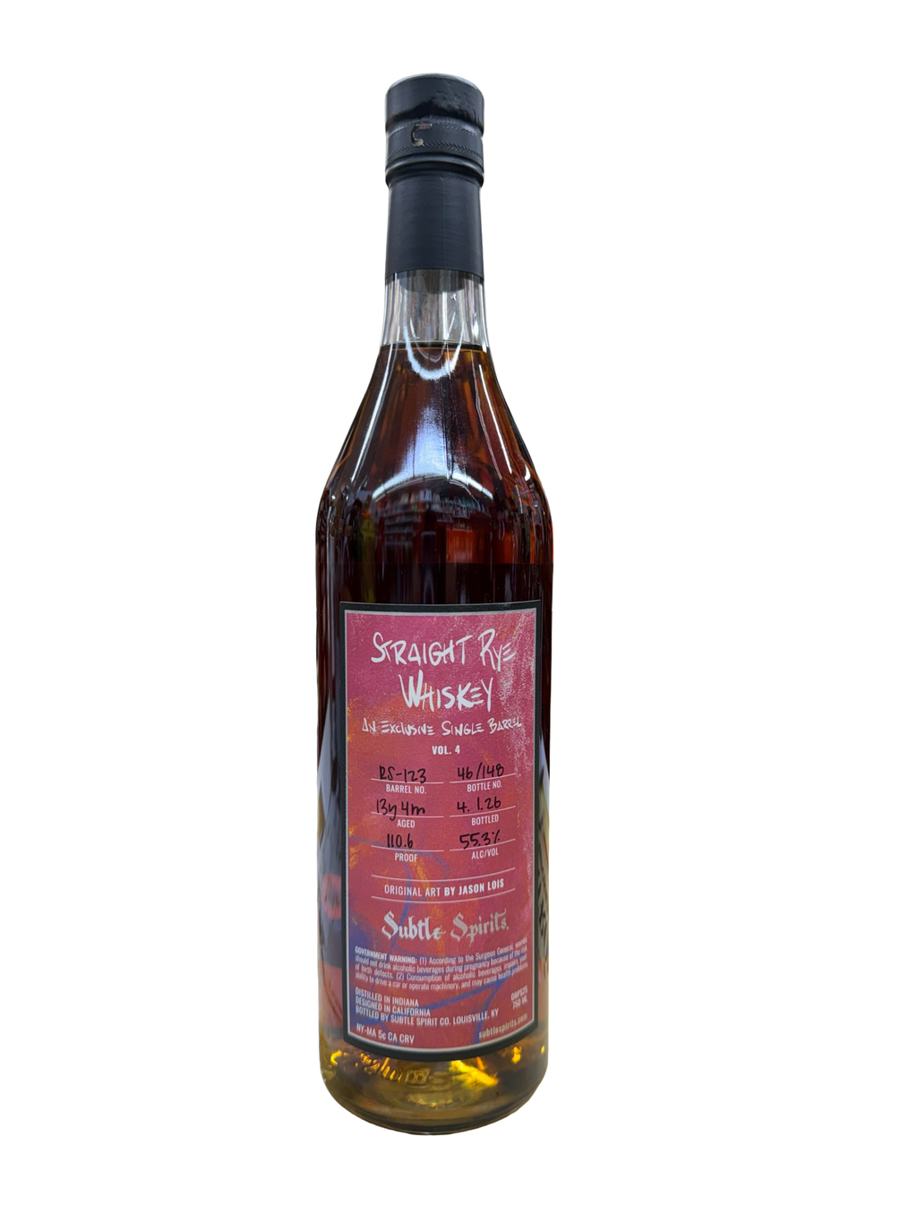 Subtle Spirits 13 Year 4 Month Old El Cerrito liquor Exclusive Single Barrel Vol. 4 Straight Rye Whiskey