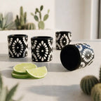 Black & White Talavera Design Ceramic Hand Printed Shot Glasses 1.6-Oz