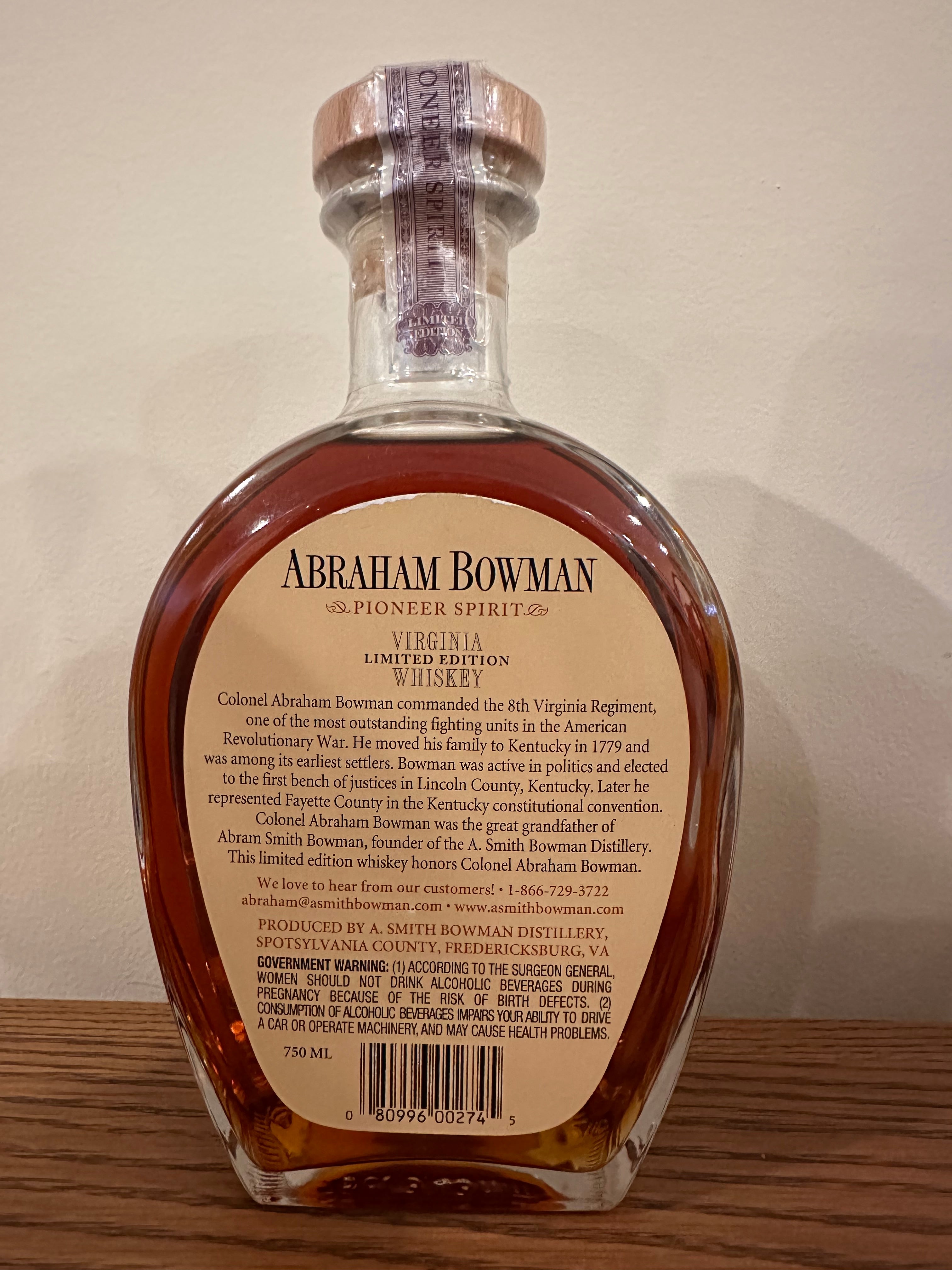 Abraham Bowman 18 Year Limited Edition Bourbon 138.6 proof (2011)