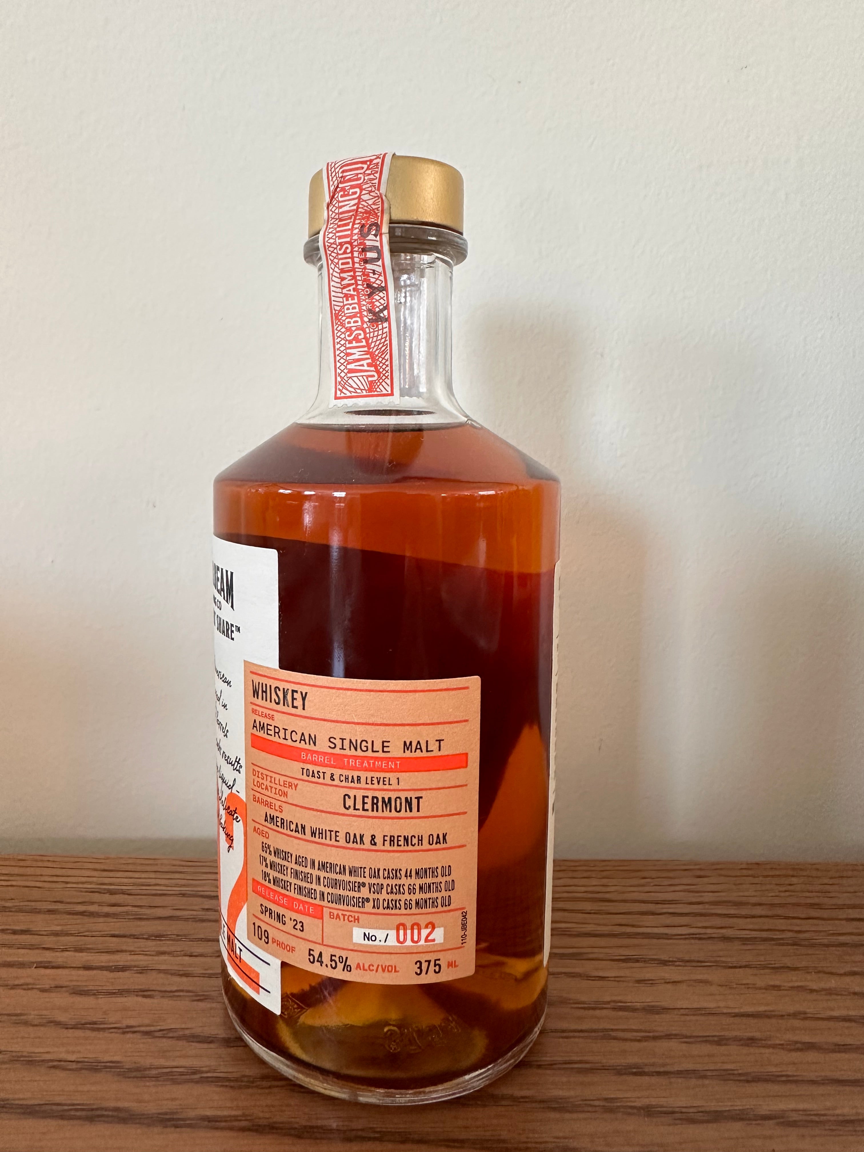 Jim Beam Distilling Co. Distillers' Share Batch No. 2 Courvoisier VSOP XO and American White Oak Finish American Single Malt Whiskey 375ml