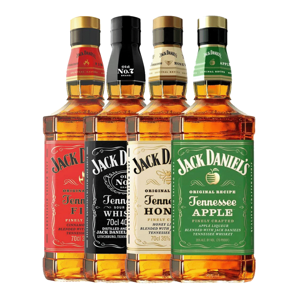 Jack Daniel's Black Label, Fire Cinnamon, Honey & Apple Tennessee Whiskey 750ml Bundle 4-Pack