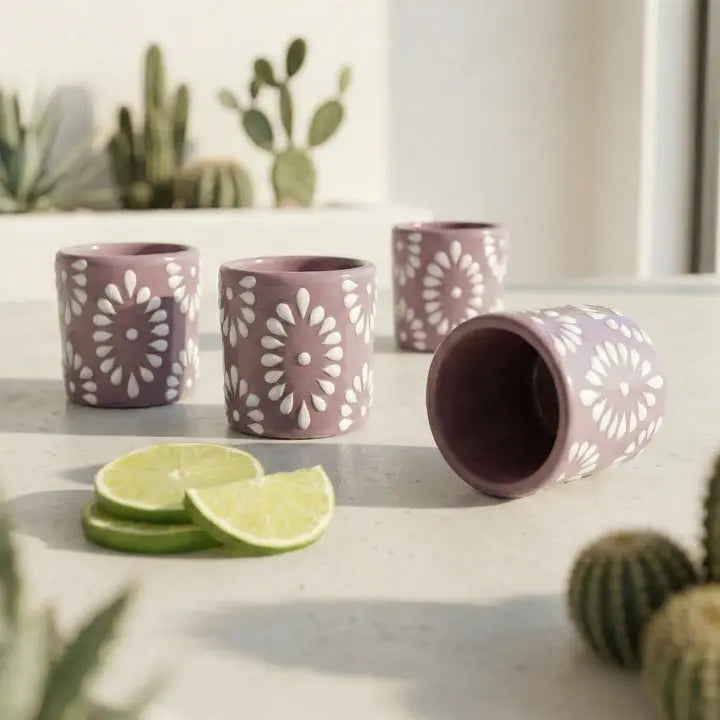 Lilac & White Talavera Design Ceramic Hand Printed Shot Glasses 1.6-Oz