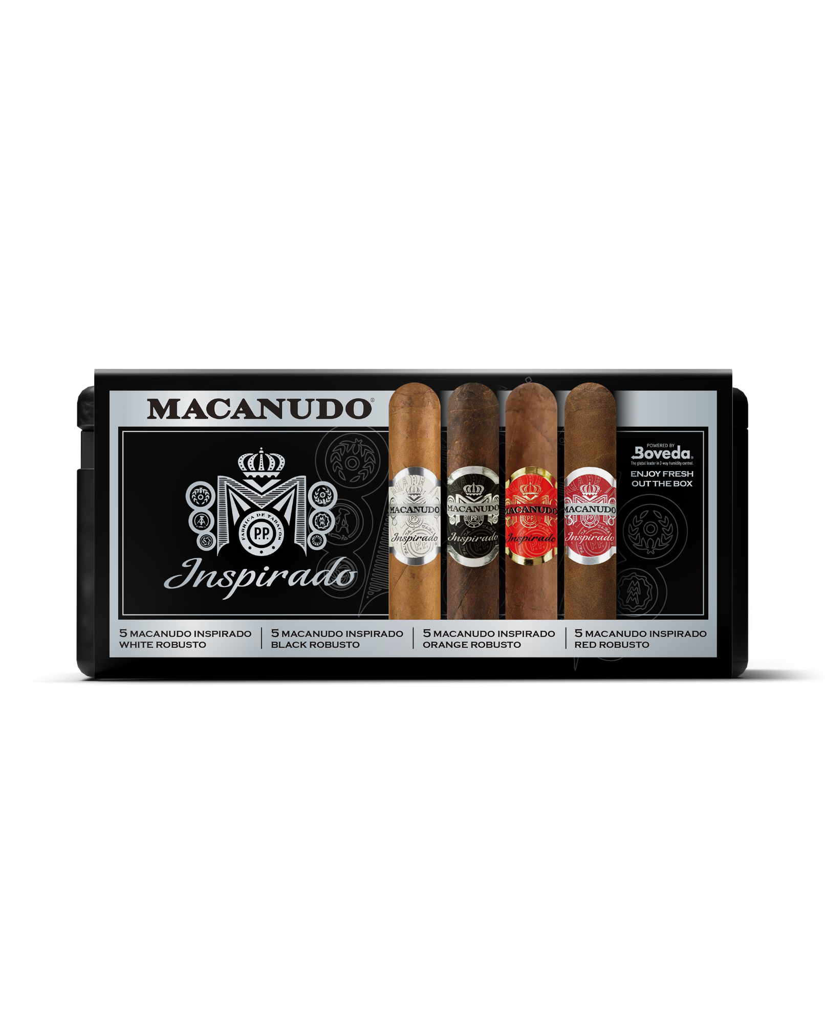 Macanudo Inspirado White, Black, Orange & Red Cigars Variety Set With Personal Humidor by CigarBros (Box of 5+5+5+5)