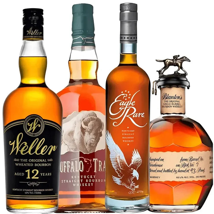 W. L. Weller 12 Year Old Buffalo Trace Bourbon Eagle Rare 10 Year Old Blanton’s Original Kentucky Straight Wheated Bourbon Whiskey 4-Pack