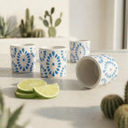 White & Turquiose Talavera Design Ceramic Hand Printed Shot Glasses 1.6-Oz
